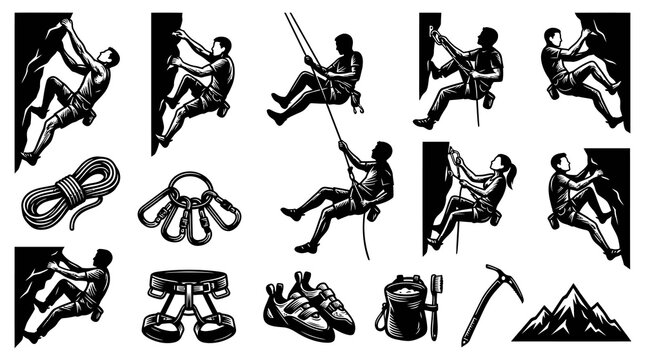 Black  White Climbing Gear and Athletes Vector Set