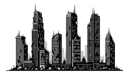 Obraz premium City skyline silhouette of modern skyscrapers with rubble a black and white graphic illustration on a white background high quality professional detailed elegant stylish