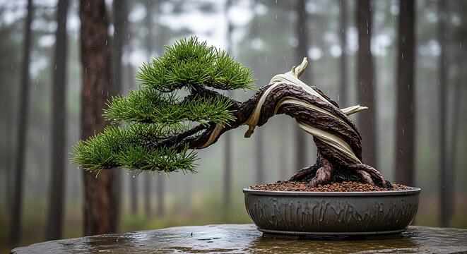 Majestic Bonsai Pine Tree with Artistic Twisted Trunk and Shari Details Standing in a Misty Rainy Forest Symbolizing Zen Peace and Serenity