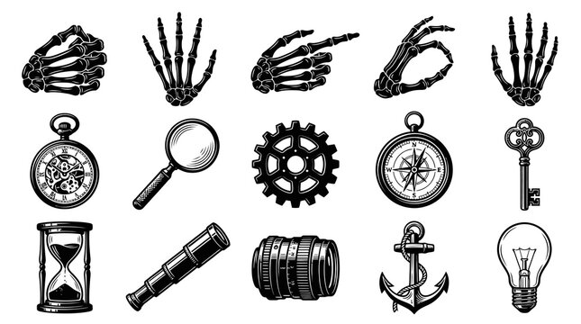 Vintage Skeleton Hands, Compass, Key, Telescope, Anchor, Lightbulb, Hourglass, Magnifying Glass, Pocket Watch, Gears, Camera Lens