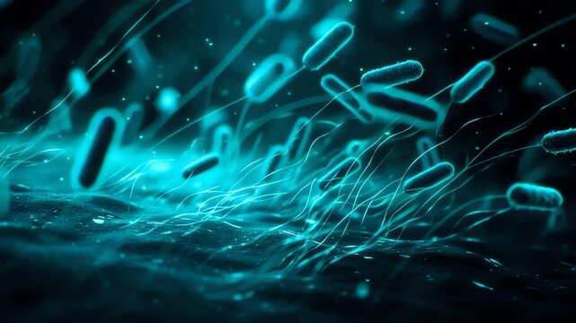 Microscopic bacteria cells in blue scientific background