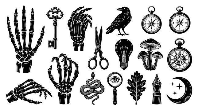 Mystical Icons: Skeleton Hands, Crow, Key, Compass, Mushroom, Moon, Eye - BW Line Art