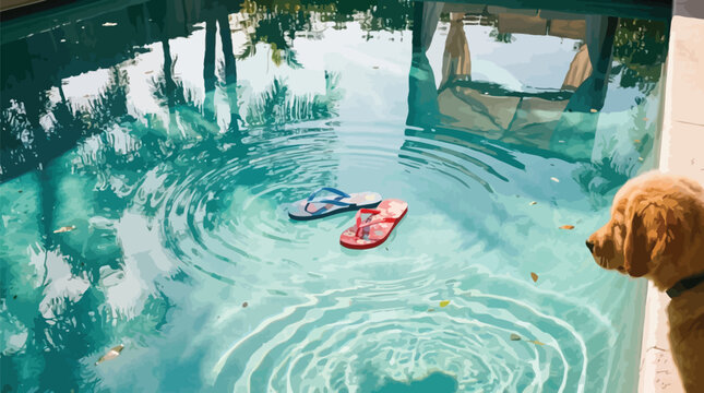 Golden retriever puppy watches a pair of flip-flops floating on the surface of a clear blue swimming pool.