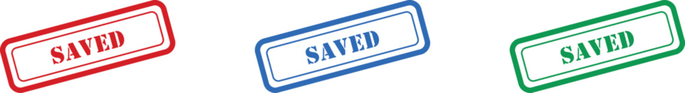 Three distinct rubber stamp impressions showcase the word SAVED in bright red, blue, and green colors