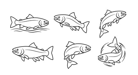 Obraz premium Salmon fish collection, hand-drawn line art set, aquatic wildlife