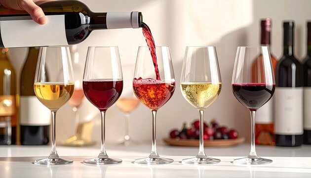 Pouring wine into glasses, variety of colors displayed