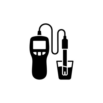 Water quality meter with electrode in a glass of liquid, black and white icon illustration.