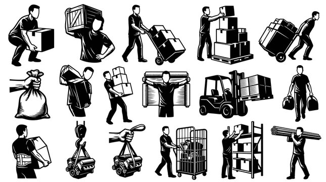 Logistics and Warehouse Workers - Black  White Line Art Icons of People Moving and Handling Goods