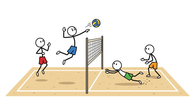 Four stick figures playing beach volleyball on sandy court with net