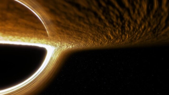 Supermassive black hole event horizon golden accretion disk gravitational lensing, warped spacetime, swirling plasma, deep space stars, cinematic cosmos, astrophysics concept, sci fi background