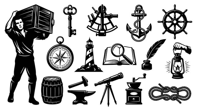 Vintage Nautical  Exploration Tools Vector Set. Maritime Adventure Engraving Style Icons  Symbols.