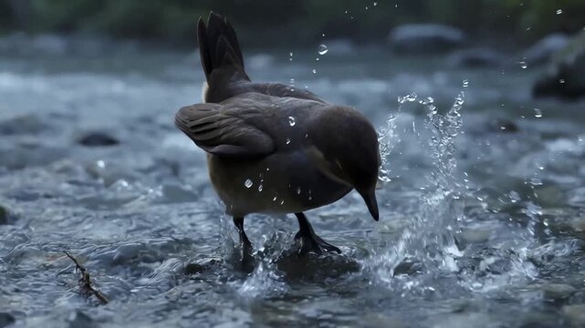 4K Close Up Dipper Bird Diving River Water Splash for Nature Documentary Commercial Use
