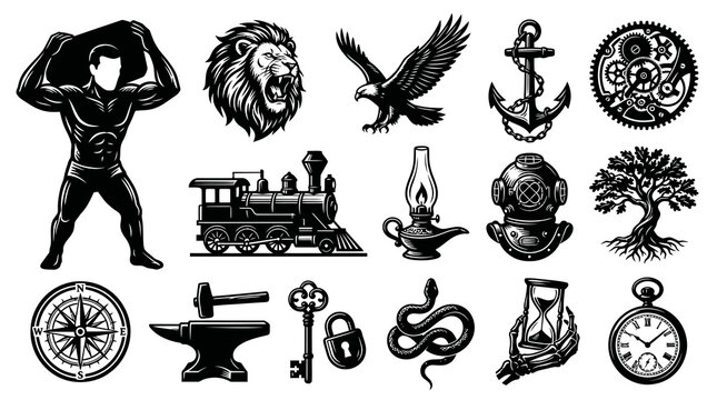 Vintage Black and White Tattoo Style Vector Icons Set - Strongman, Lion, Eagle, Train, Anchor, Compass, Anvil