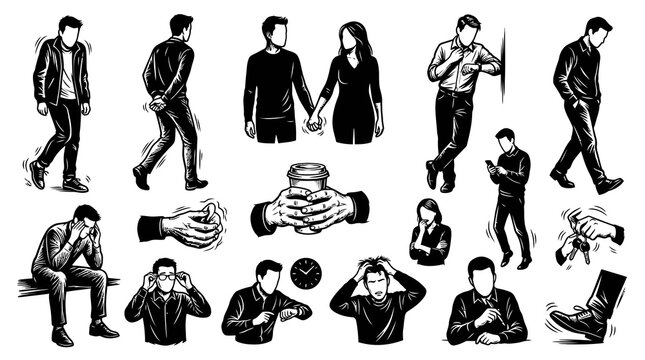 Black and White Line Art of People in Various Poses and Activities