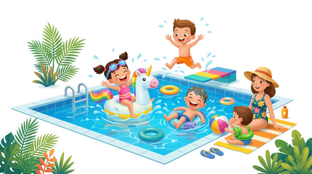 Children playing in a swimming pool with inflatable toys and tropical plants around