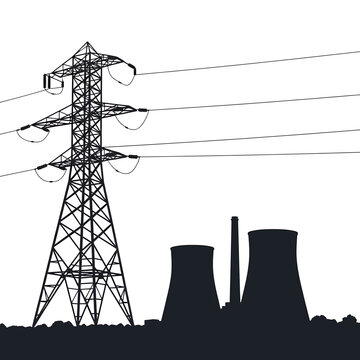 Vector silhouette of high voltage tower and power plant