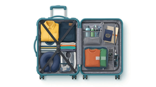 Open teal suitcase packed with clothing and travel essentials