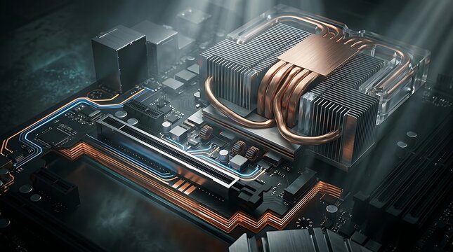 Advanced computer motherboard with intricate circuitry and a powerful cooling system, illuminated by dramatic volumetric lighting, representing high performance computing and technology.