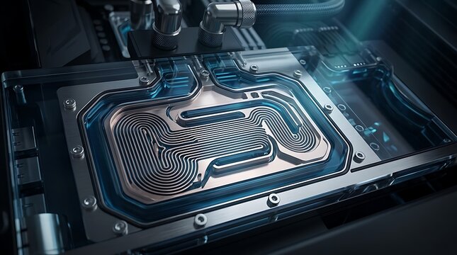 Advanced liquid cooling system for high performance computer components showcasing intricate metal pathways and blue illumination for efficient heat dissipation