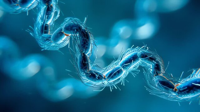 Microscopic bacteria cells in blue scientific background animation