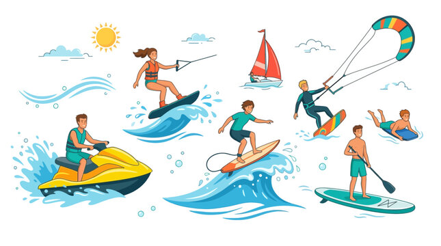 People enjoying various water sports on sunny day with waves and sailboat