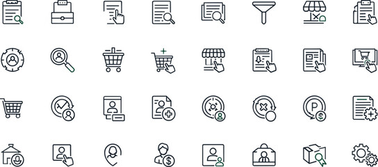 Ecommerce management workflow filtering shopping cart customer account document verification dashboard interface outline vector icon set collection © SahajanAli