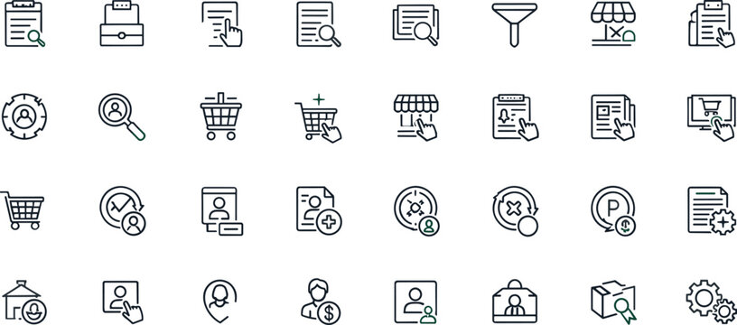 Ecommerce management workflow filtering shopping cart customer account document verification dashboard interface outline vector icon set collection
