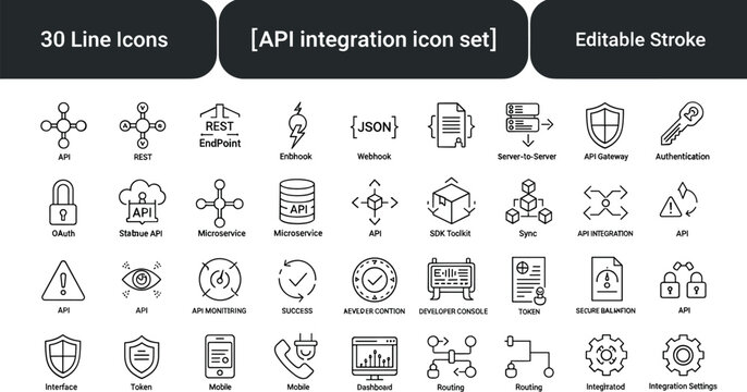 Editable stroke API integration REST endpoint webhook gateway authentication microservice monitoring routing outline vector icon collection pack