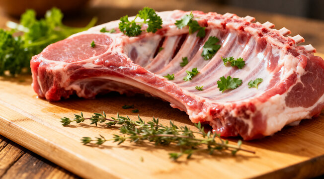 raw fresh rack of lamb with green herbs.