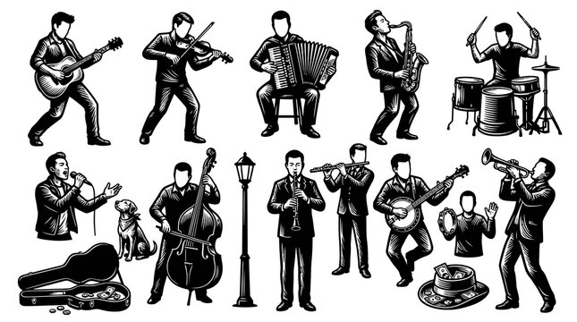 Black and White Line Art Musicians Collection. Vintage Engraving Style Musical Instrument Players for Music Industry.