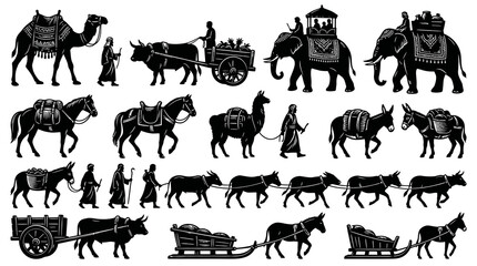 Fototapeta premium Black and White Engraving Style Icons of Traditional Animal Transport, Trade, Logistics Agriculture with People, Carts