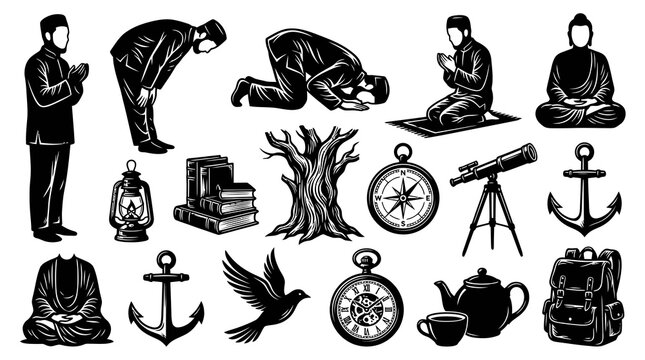 Islamic Religious Icons Set - Muslim Prayer, Buddha, Anchor, Telescope, Backpack, Book