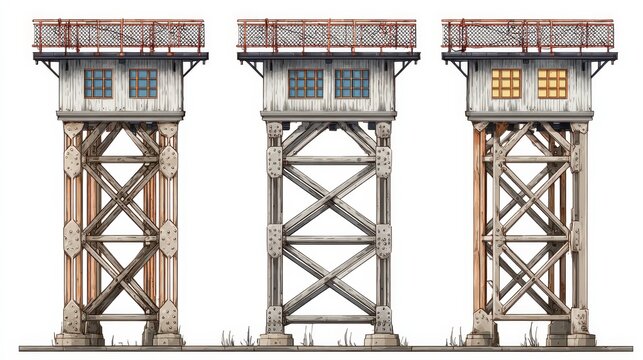 Three rustic wooden watchtowers with metal frames isolated on white background