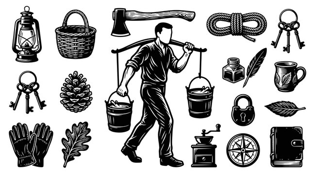 Black and White Engraved Style Vector Set of Vintage Outdoor, Rustic, and Craft Elements and Tools