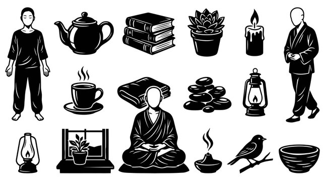 Zen Meditation and Spirituality Glyph Icons Set - Wellness  Mindfulness Black and White Vector Symbols Collection