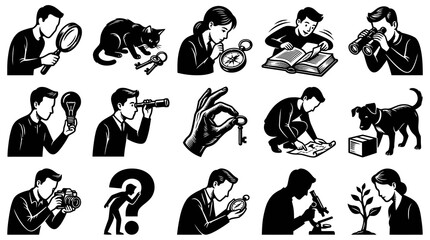 Fototapeta premium Black and White Glyph Vector Illustrations of Discovery, Investigation, and Research Tools. Symbols for Knowledge, Learning, and Curiosity.