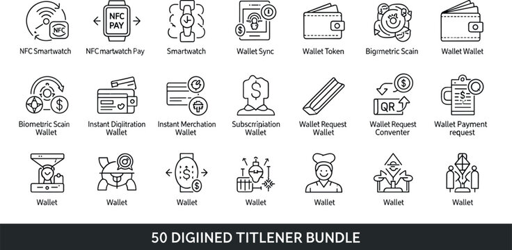 Digital wallet smartwatch NFC biometric payment token sync subscription request fintech transaction outline vector icon collection set