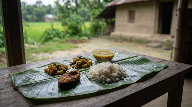 Traditional Bengali Meal with Hilsa Fish (Tenualosa ilisha), Steamed Rice, and Curry on Banana Leaf in a Rural Village Setting. Authentic South Asian Cuisine Lifestyle.