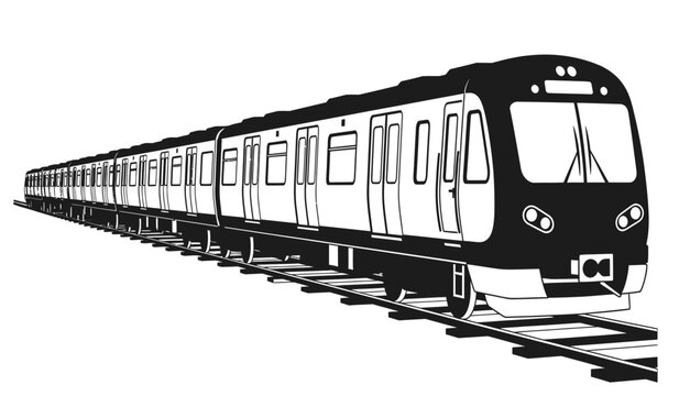 Black and white illustration of a long passenger train traveling on railway tracks side view high quality professional detailed modern elegant stylish clean crisp