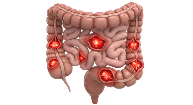 3D Medical Illustration of Inflamed Colon With Multiple Ulcers Highlighting Colitis and Crohns Disease

