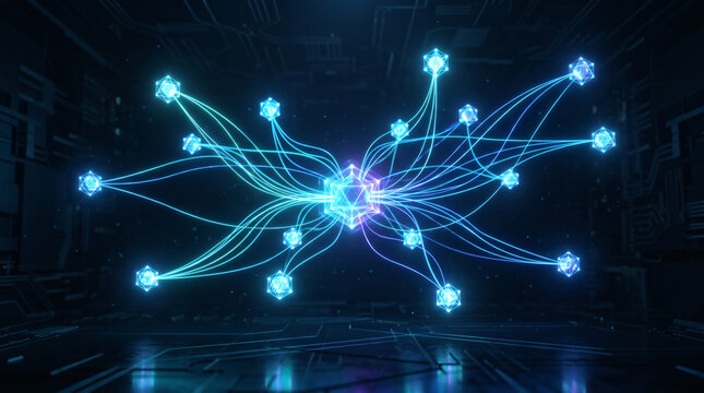 Futuristic glowing network illustrating interconnected digital information flow and complex data processing within a technological ecosystem