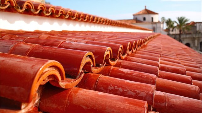 Red clay roof tiles create a textured pattern on a building under a bright sky.