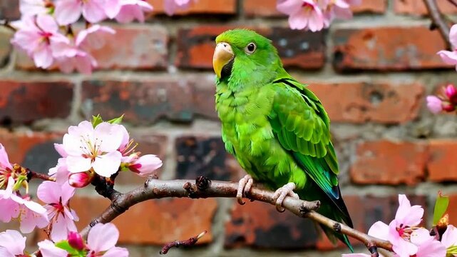 Vibrant green parrot perched on branch with blossoming flowers and brick wall