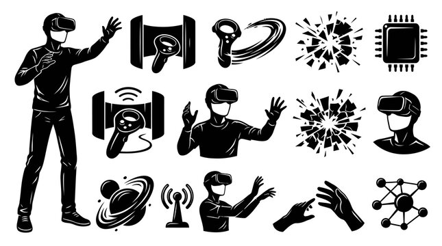 VR Technology Icons: Man, Headset, Controller, CPU, Network, Abstract Art