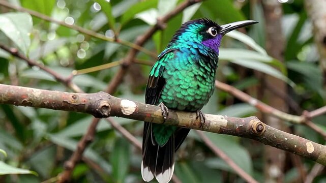 Vibrant hummingbird perched on a branch with colorful plumage outdoors