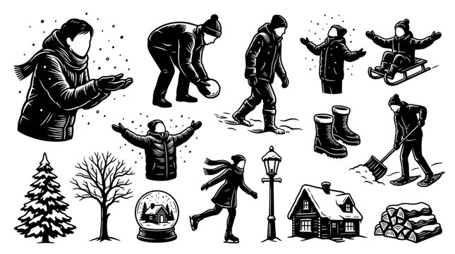 Black  White Line Art Winter Season Vector Collection: People, Snow Activities, and Cozy Objects.