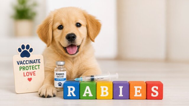 A cute puppy sits with a rabies vaccination bottle and colorful blocks, promoting pet health and the importance of vaccinations.