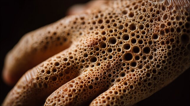 Close-up view of a hand showing tryptophobia texture with numerous small holes and patterns under soft light during an indoor setting