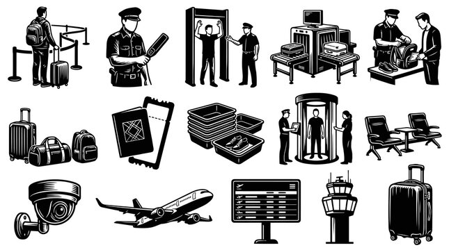 Airport Security  Travel Black White Line Art Vector Illustrations Set - Checkpoint  Aviation Elements