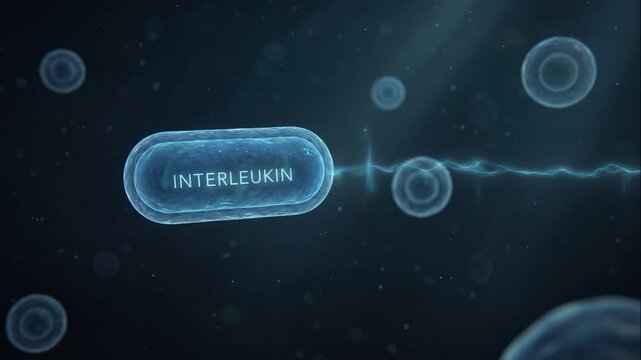 Cinematic biological footage showing a single dominant interleukin cell interacting with other cells
